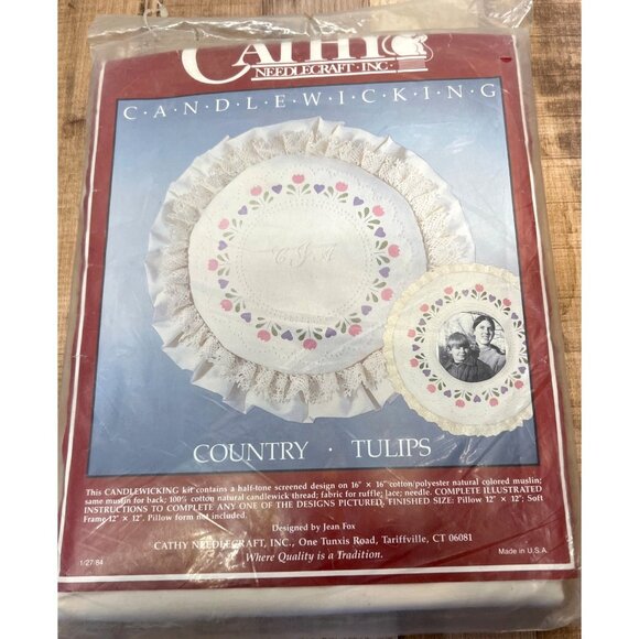 Candlewicking Kit Country Tulips Round Pillow 16" Cotton/Polyester Natural Musli - Picture 2 of 4
